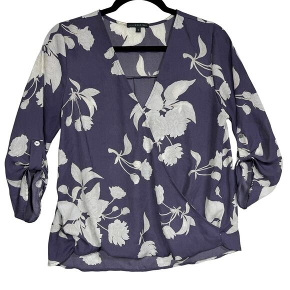 West Kei Purple Ivory Floral Blouse 3/4 Roll Tab Sleeves V-Neck Wrap Hem Small - Picture 2 of 6